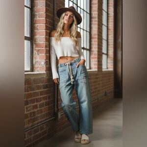 NWT BRAIDED WAIST BELT DRIP PAINTING DETAIL WASHED DENIM PANTS BARREL JEANS